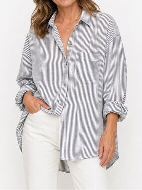 Every Oversized Boyfriend Fit Button-Down Black & White Striped Shirt Sz Medium